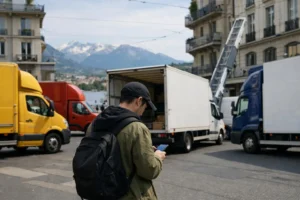Personne devant camion déménagement suisse avec logos entreprises sur panneaux publicitaires à Genève.