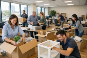 déménagement professionnel, entreprise moderne, bureau spacieux, employés heureux
