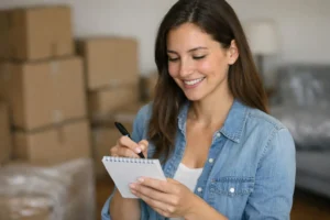 Femme vérifie liste déménageurs Genève, recherche services pas chers