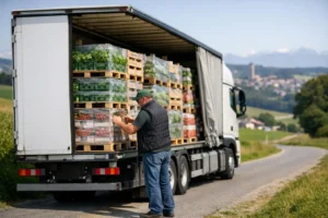 "Transport de palettes agricoles à Fribourg, camion équipé pour le transport de produits frais"