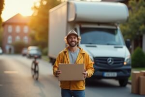 Personne en train de déménager en Suisse avec un carton et un sourire, sécurisant son déplacement avec assurance.