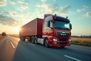 Transport remorque 3,5 t pour volumes importants et charges lourdes, camion en action sur route.