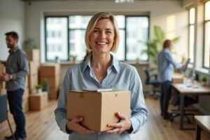 Femme souriante avec carton et cahier lors d'un déménagement de bureau