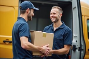 "Un livreur suisse fiable en uniforme, remettant un colis à un client, garantissant une livraison sécurisée et professionnell