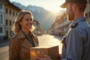 Livraison premium en Suisse, femme recevant un colis d'un livreur souriant dans une rue alpine.