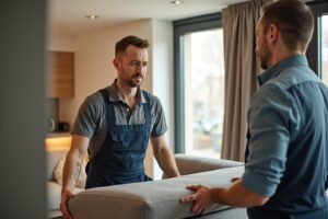 Livraison d'un grand canapé dans un appartement suisse par un professionnel