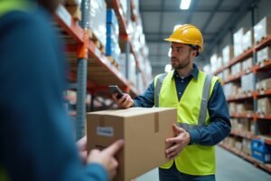 ** "Agent logistique Samsung SDS en Suisse manipulant un colis avec précaution"