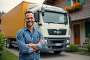 Location camion déménagement avec chauffeur suisse, homme souriant à côté d'un camion de déménagement devant une maison tradi