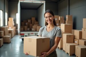 Femme professionnelle suisse préparant des boîtes pour déménagement avec du matériel d'emballage.