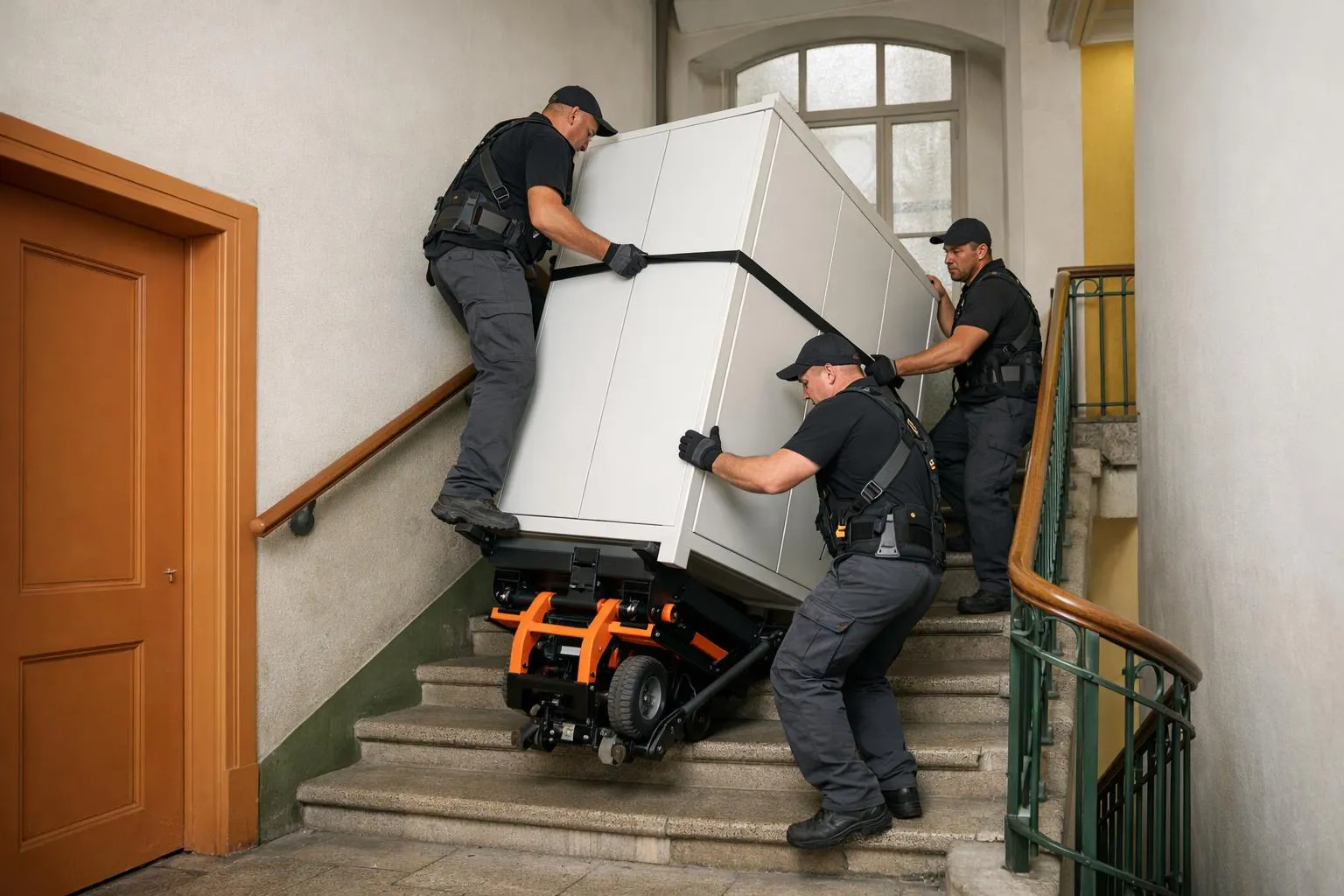 Trois agents de sécurité transportant un gros réfrigérateur dans un escalier.