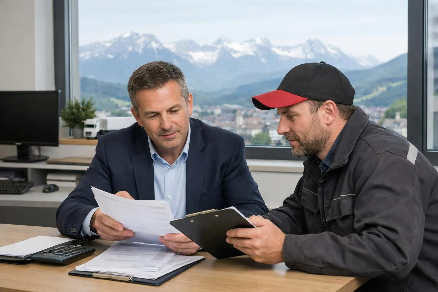 Deux hommes en discussion professionnelle dans un bureau avec vue sur les montagnes.