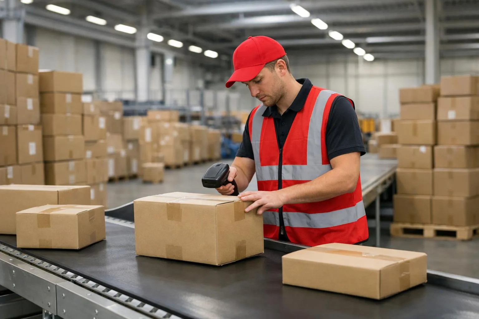 Employé en uniforme de sécurité vérifiant les colis dans un entrepôt.