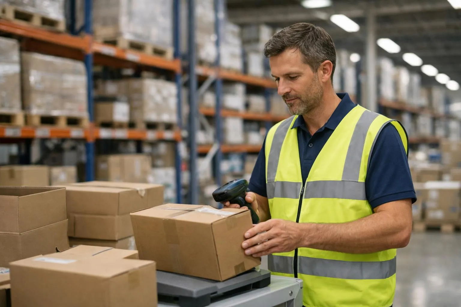 Employé de l'entrepôt vérifiant les boîtes avec un scanner.