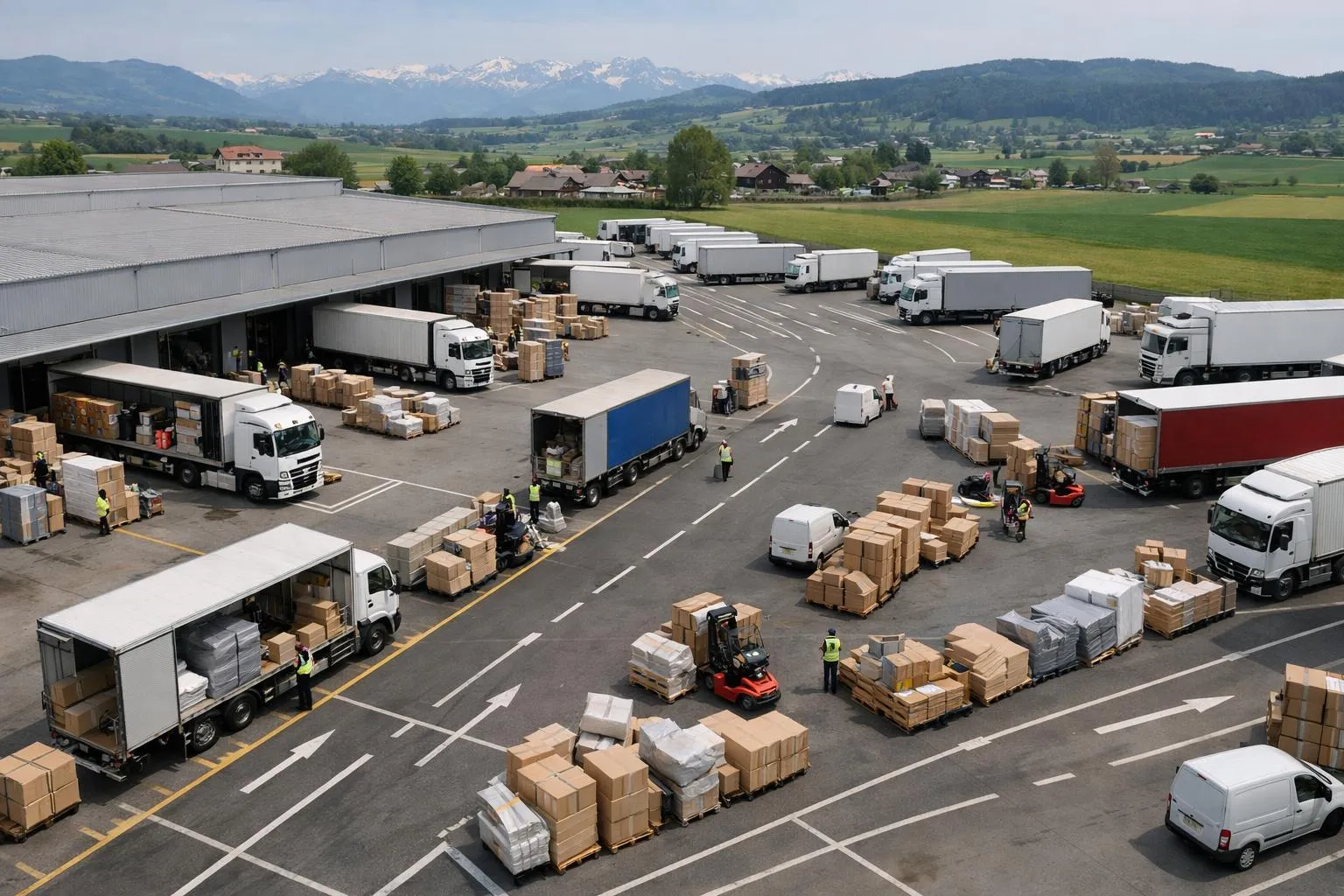 Entrepôt logistique animé avec de nombreux camions et chariots élévateurs.