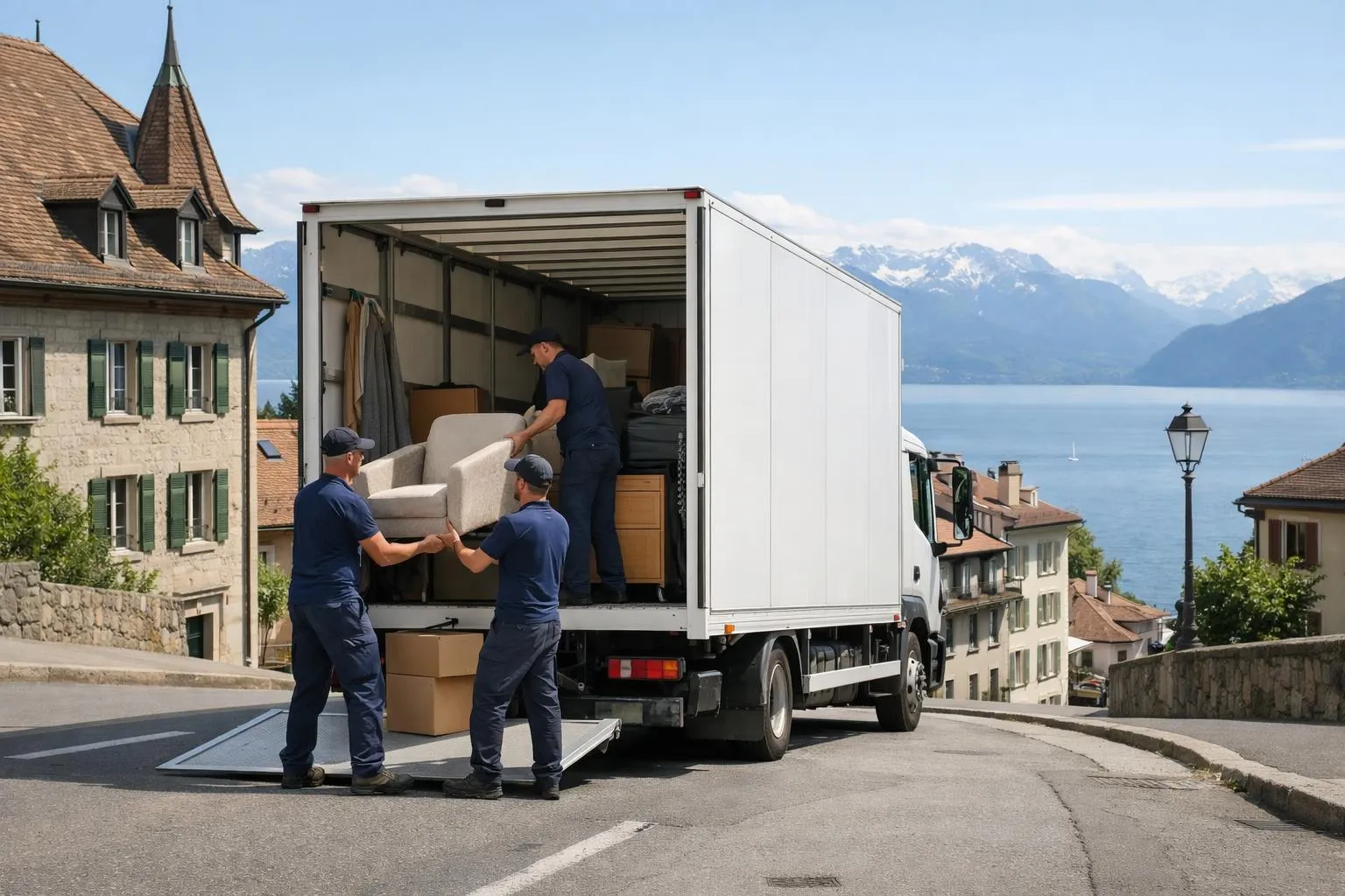 Déménageurs chargeant un camion sur une rue pittoresque avec vue sur le lac.