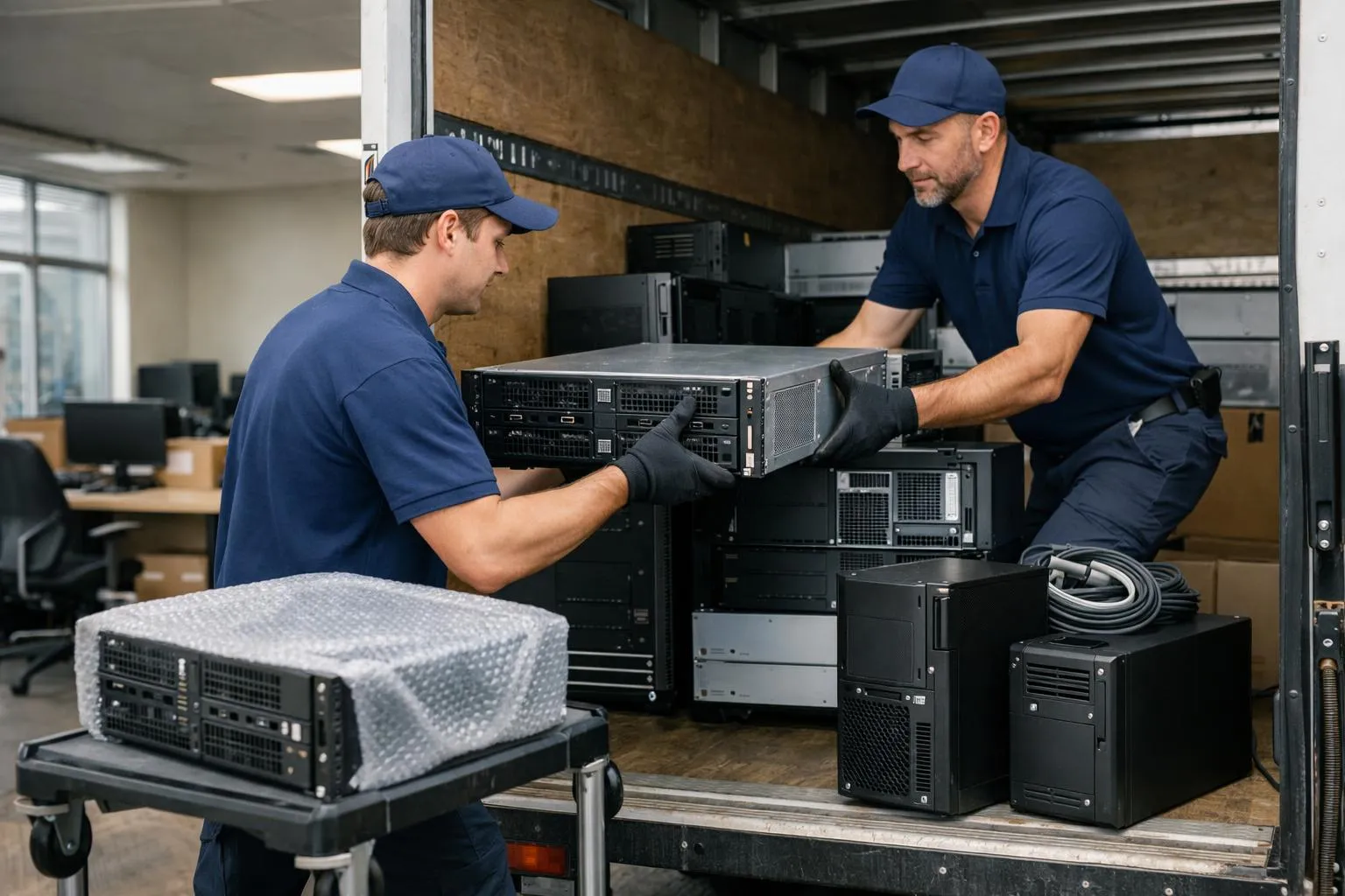 Deux techniciens installent et déplacent des serveurs informatiques dans un bureau.
