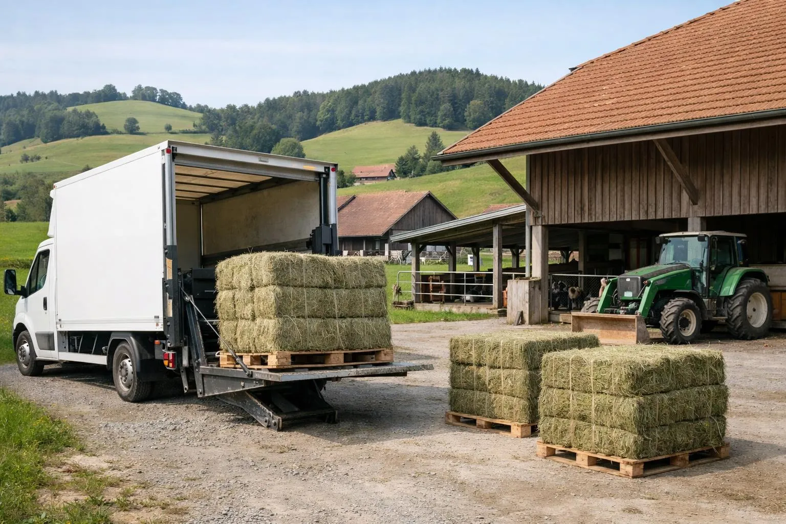 Camion de livraison de bottes de foin dans une ferme rurale.