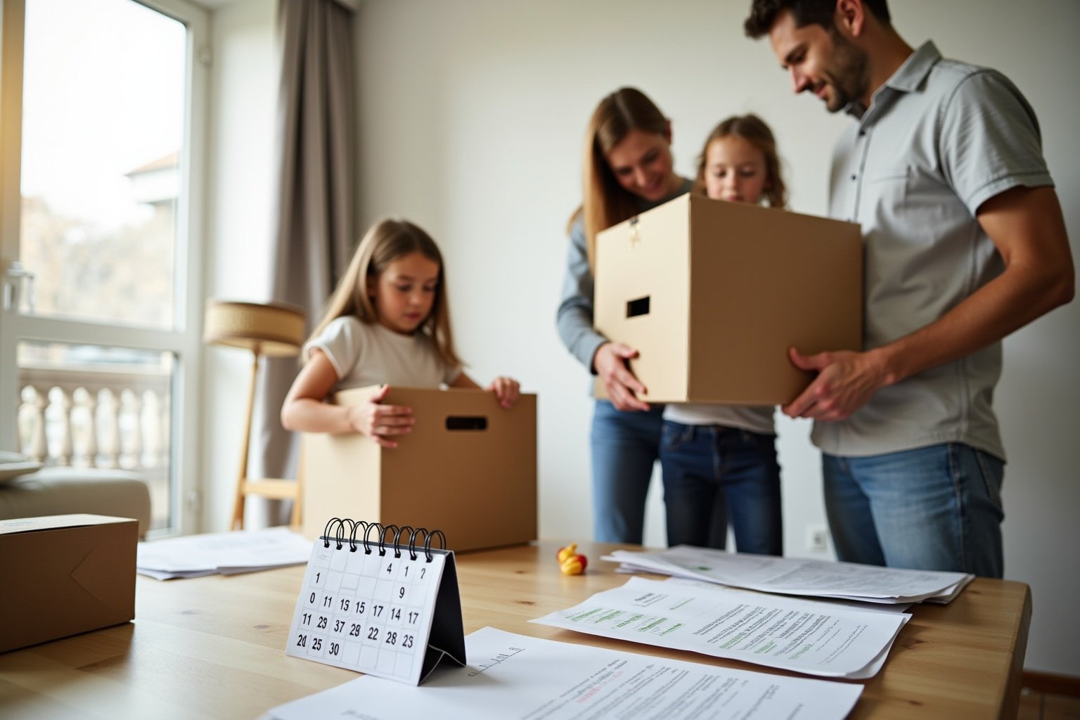 Famille déménageant dans un nouvel appartement, emballant des boîtes.