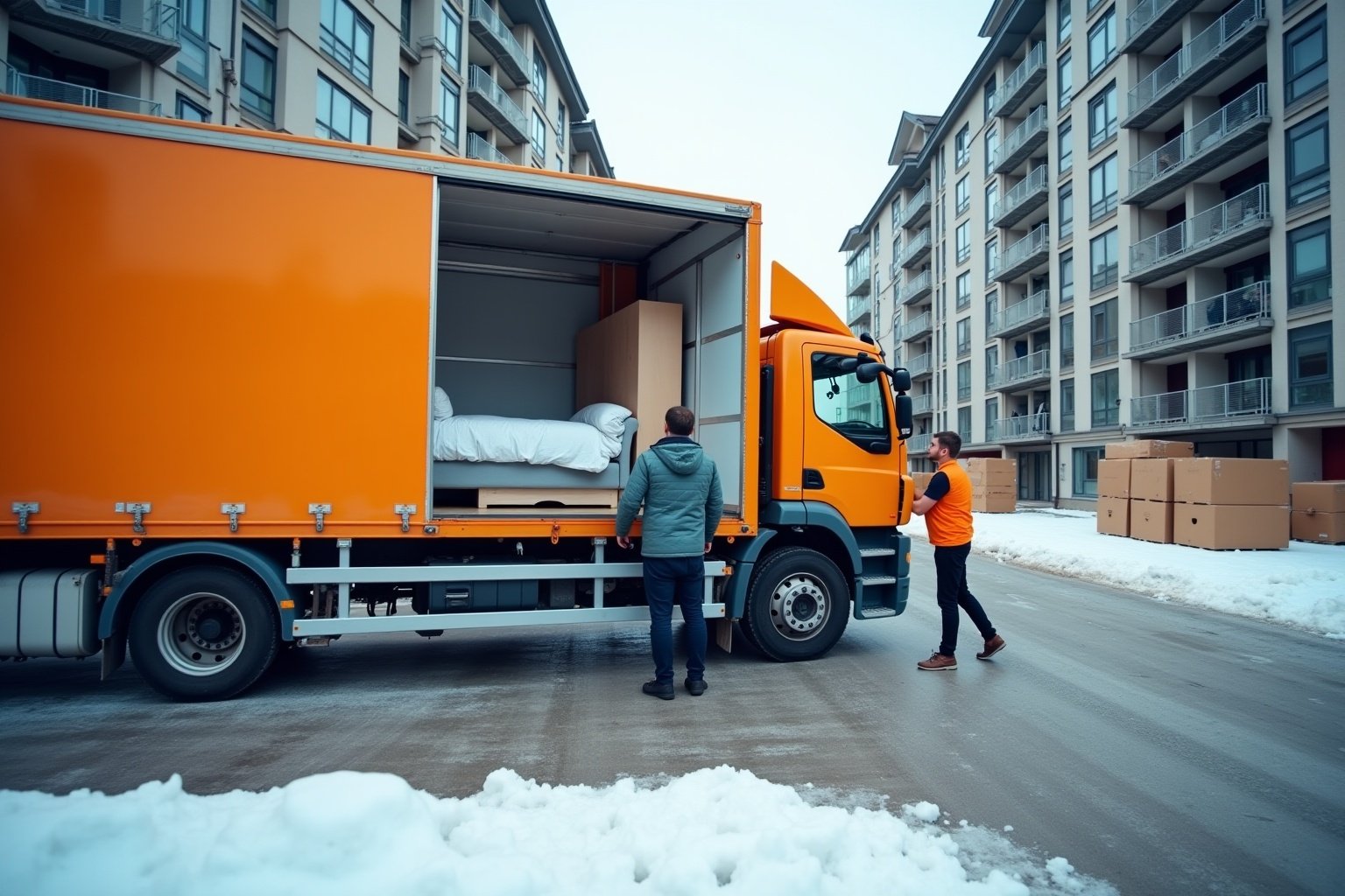 Camion de déménagement orange chargé de meubles dans une rue enneigée.