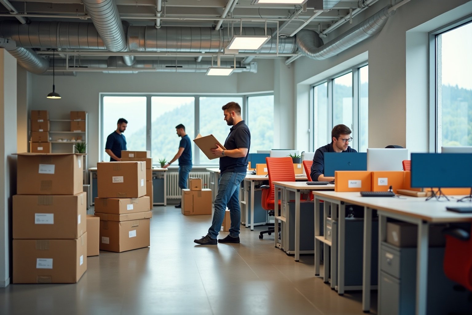 Employés déballant des boîtes dans un bureau moderne et lumineux.