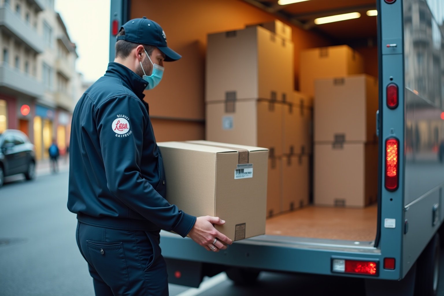 Livreur en uniforme bleu transportant un colis dans un camion.