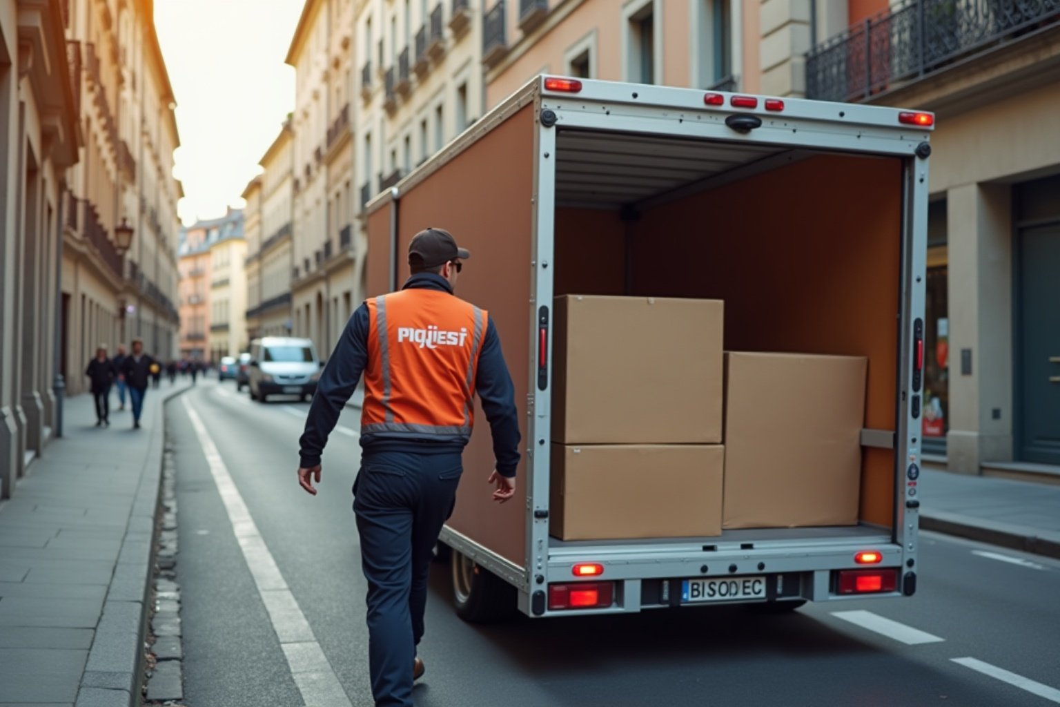Livreur Piquiest transportant des colis dans un camion sur une rue de ville.
