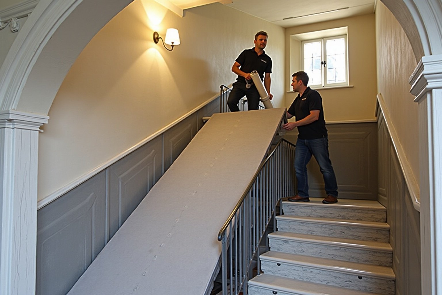 Deux hommes en uniforme noir transportent un objet sur un escalier.
