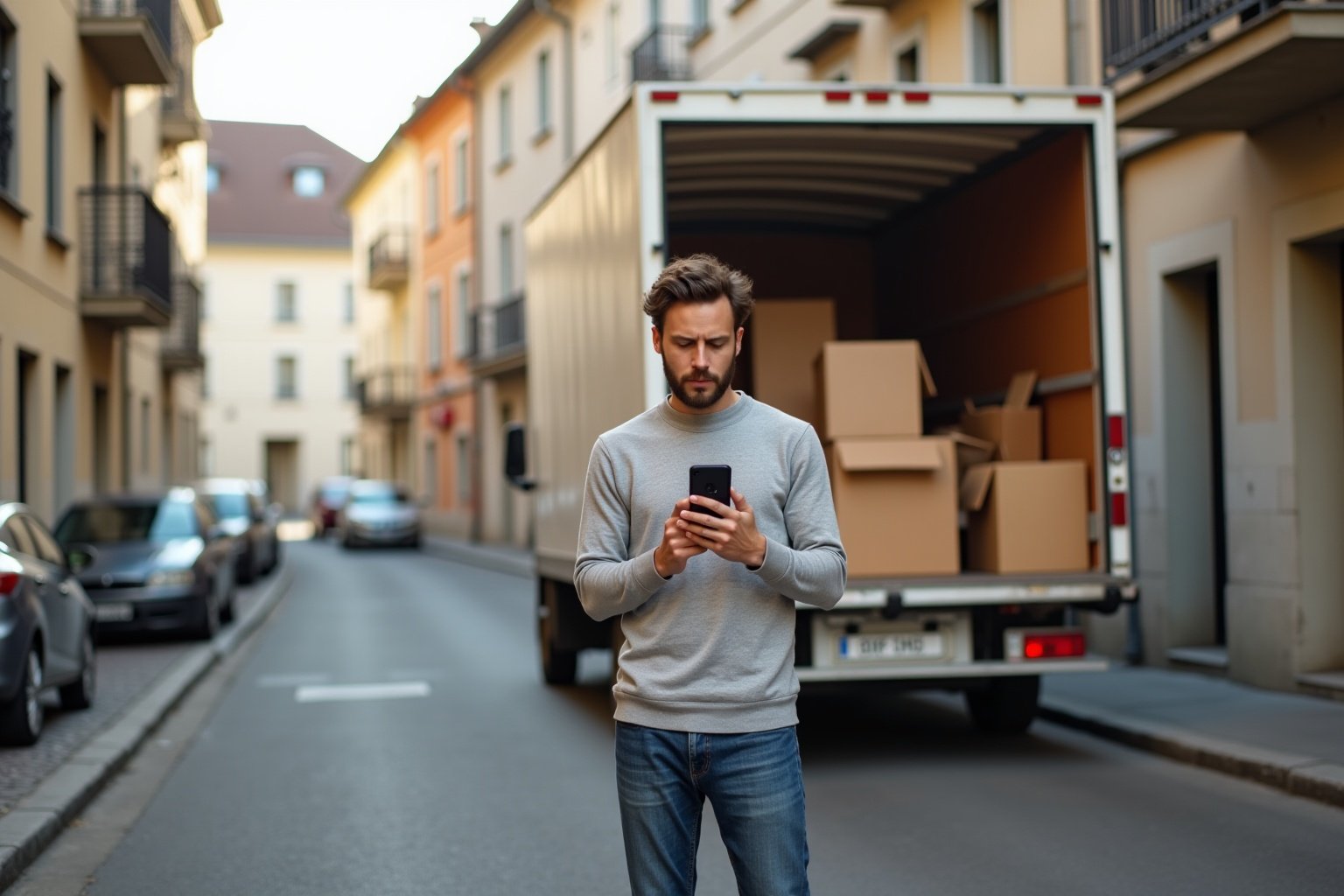Homme avec téléphone portable debout devant un camion de déménagement dans une rue.