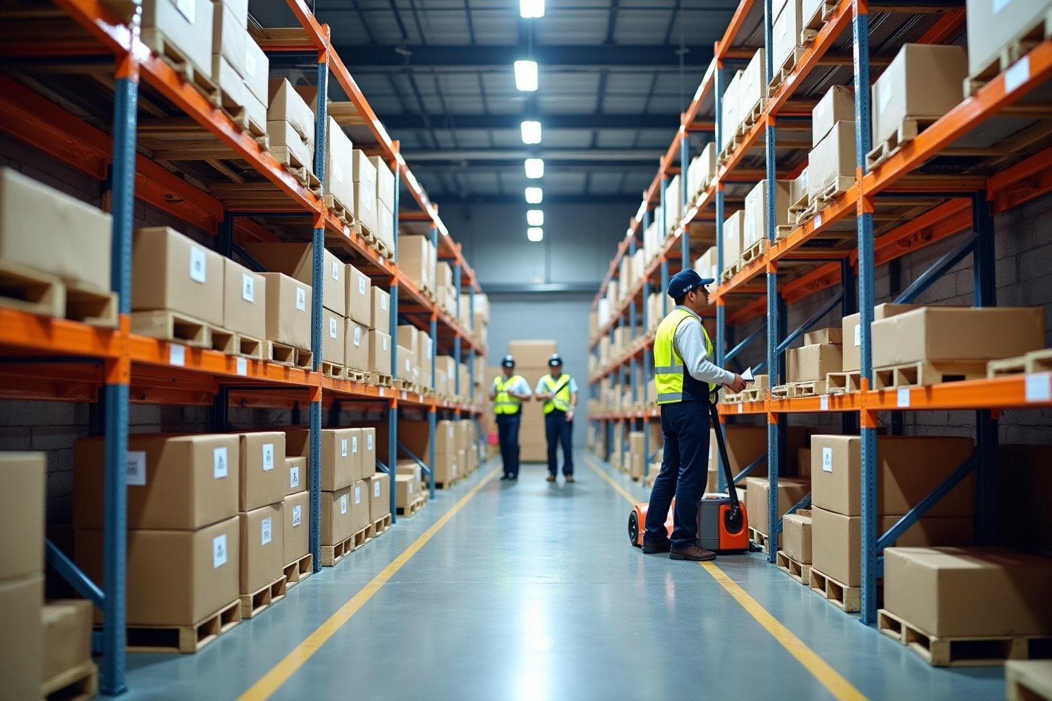 Entrepôt industriel avec rangées de boîtes sur étagères, employés en uniforme.