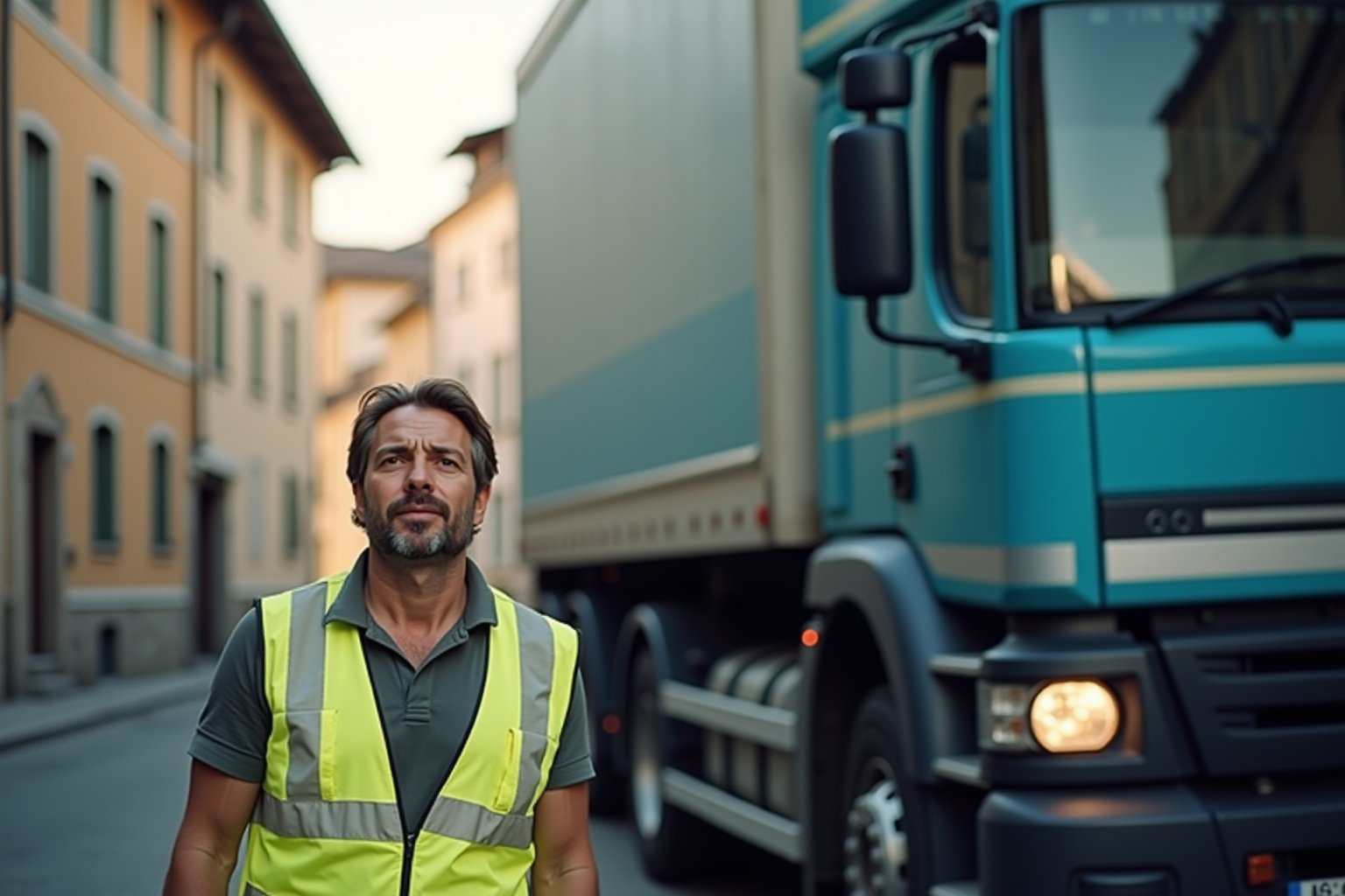 Homme en gilet de sécurité jaune devant un camion bleu.