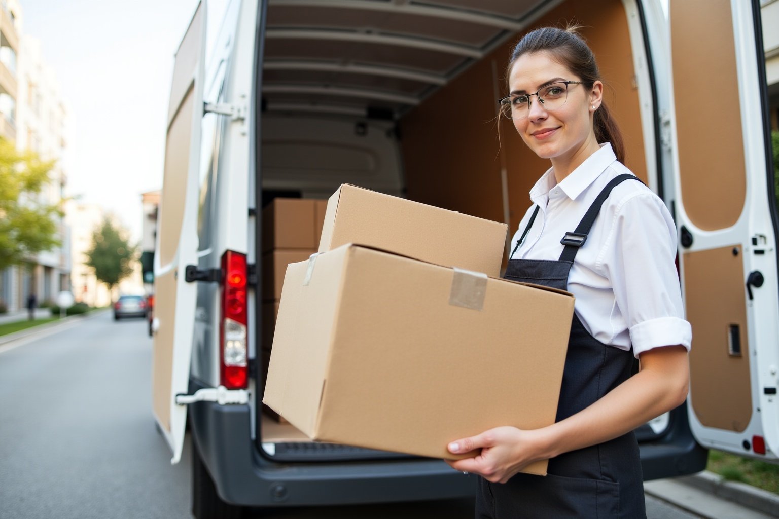 Femme en uniforme de livreur transportant des boîtes dans un camion.