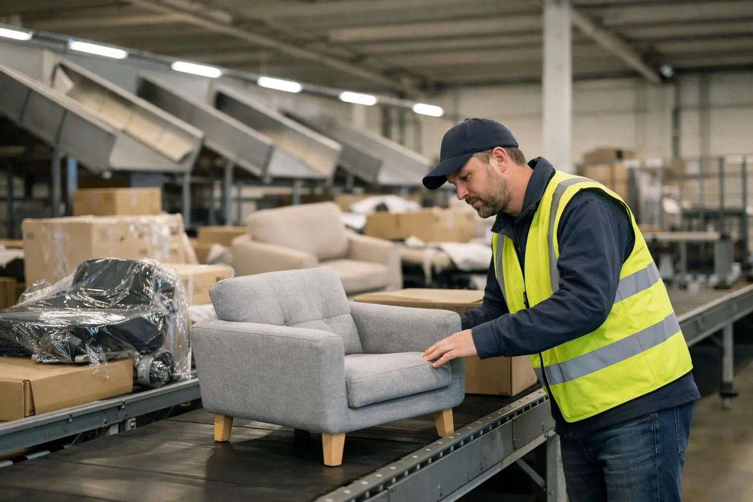 Employé en uniforme de sécurité inspectant un fauteuil dans un entrepôt de meubles.