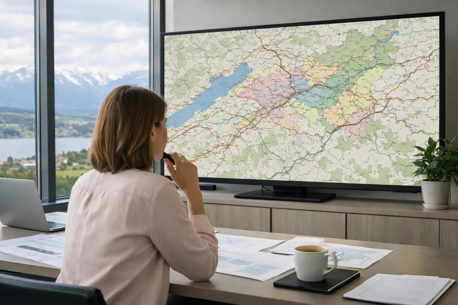 Femme regardant une carte géographique sur un grand écran dans un bureau avec vue sur la montagne.
