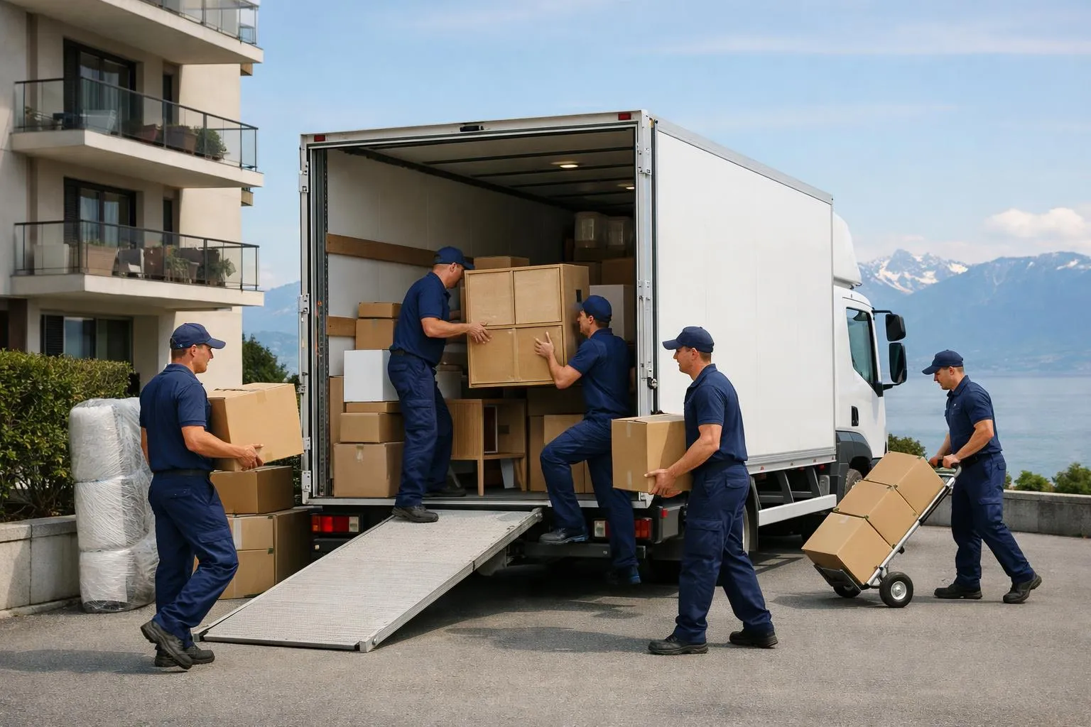 Déménageurs chargeant des boîtes dans un camion de déménagement.