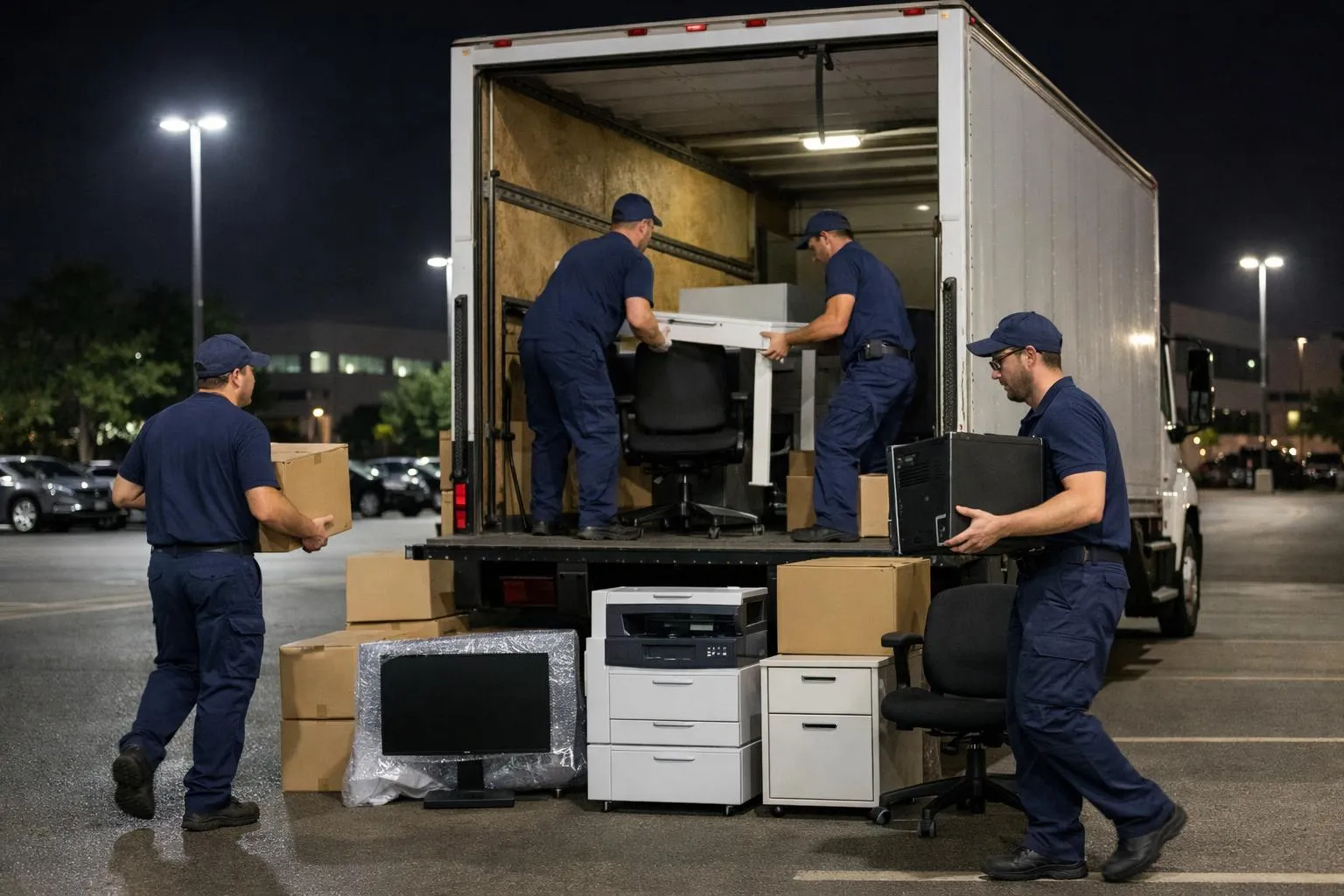 Déchargement de meubles et d'équipements électroniques d'un camion de déménagement la nuit.