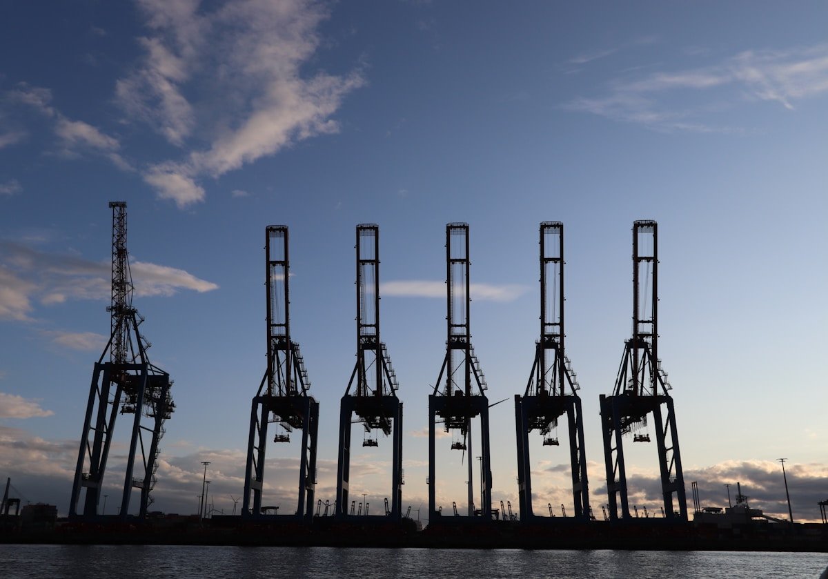 Silhouettes de grues de chargement portuaires au coucher de soleil.