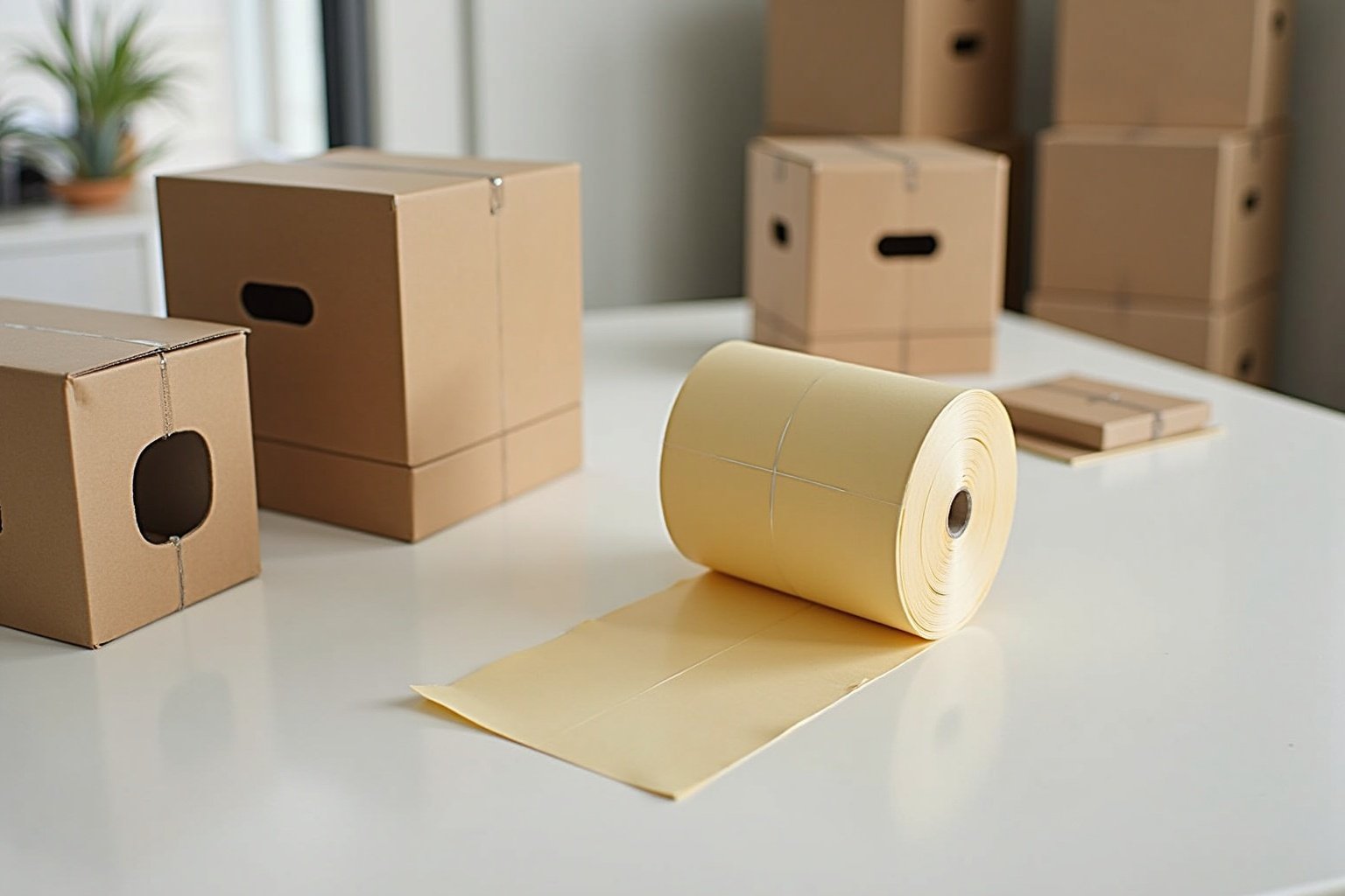 Boîtes en carton et rouleau de papier d'emballage sur une surface blanche.