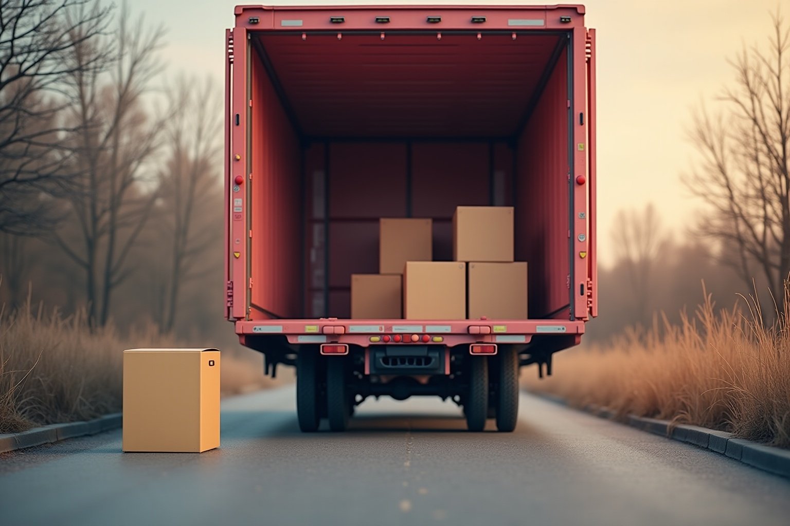 Camion de déménagement rouge chargé de boîtes en carton sur une route.