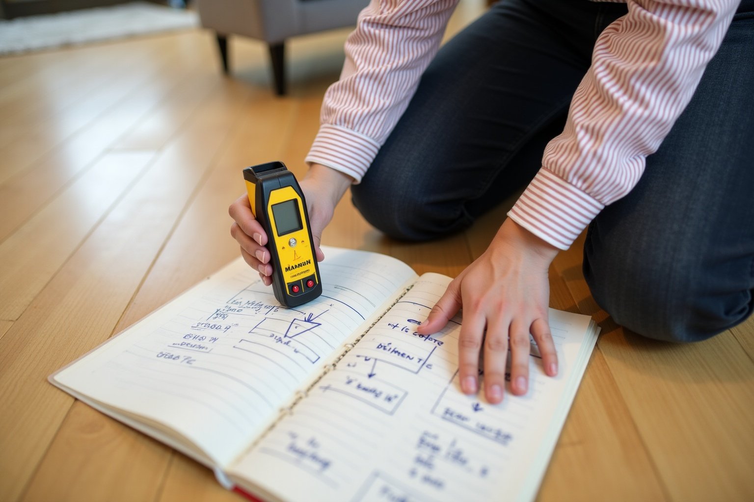 Personne tenant un outil de mesure électronique sur un cahier ouvert avec des notes manuscrites.