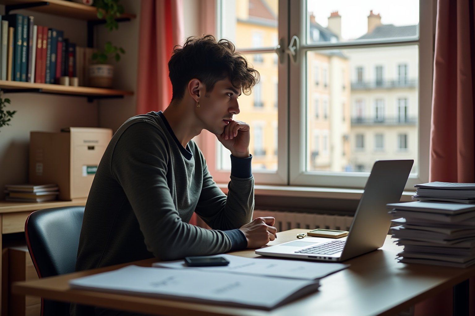 Jeune homme pensif travaillant sur un ordinateur portable dans un bureau.