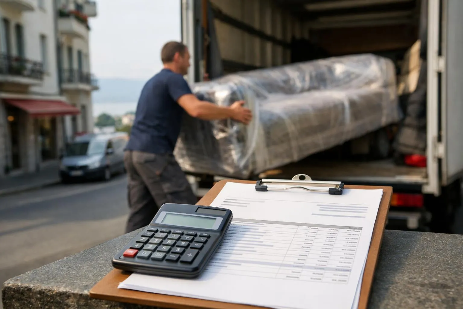 Déchargement de meubles dans un camion de déménagement, avec un formulaire et une calculatrice sur le côté.