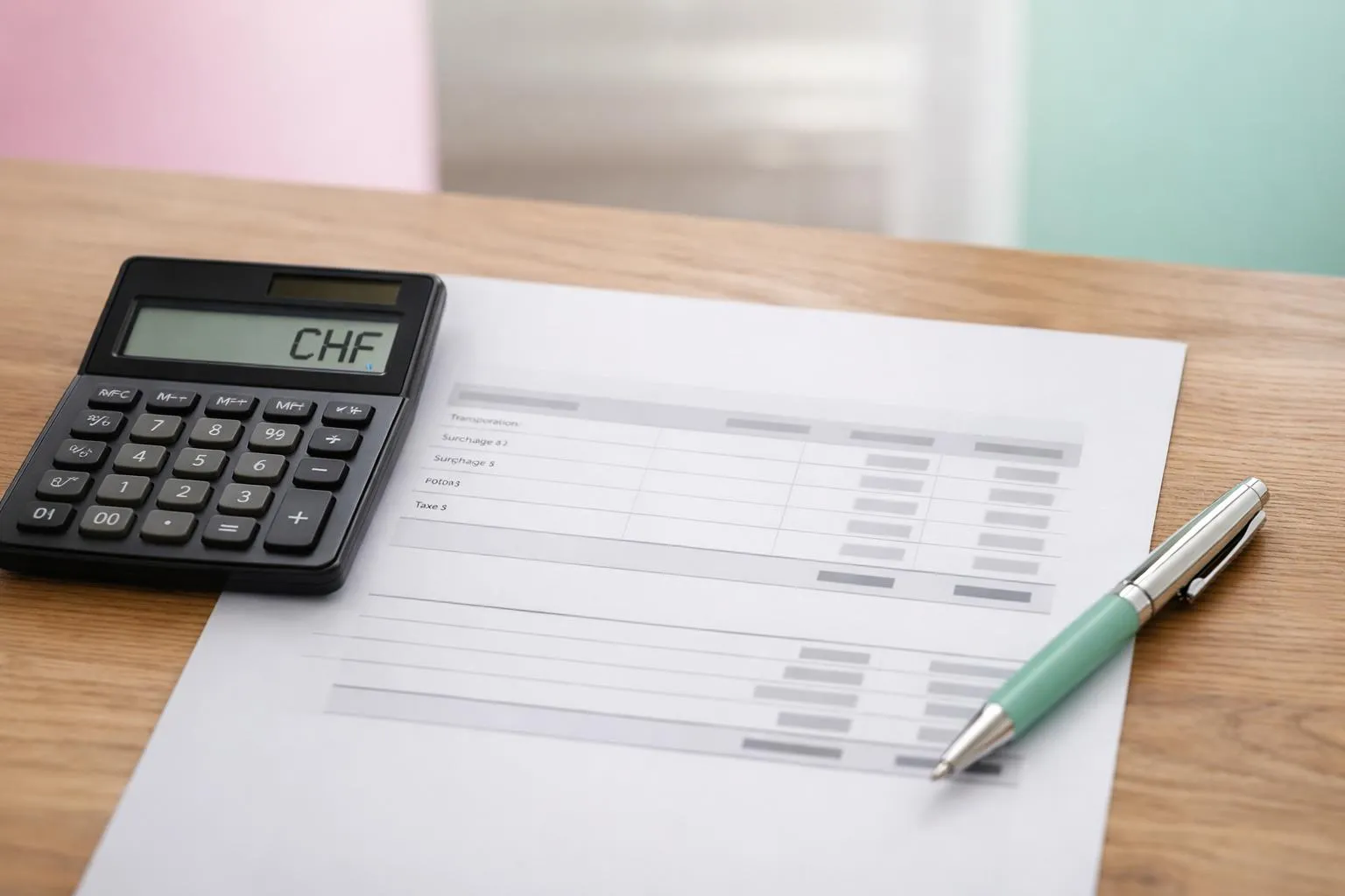 Calculatrice, formulaire, stylo, bureau en bois, arrière-plan flou.