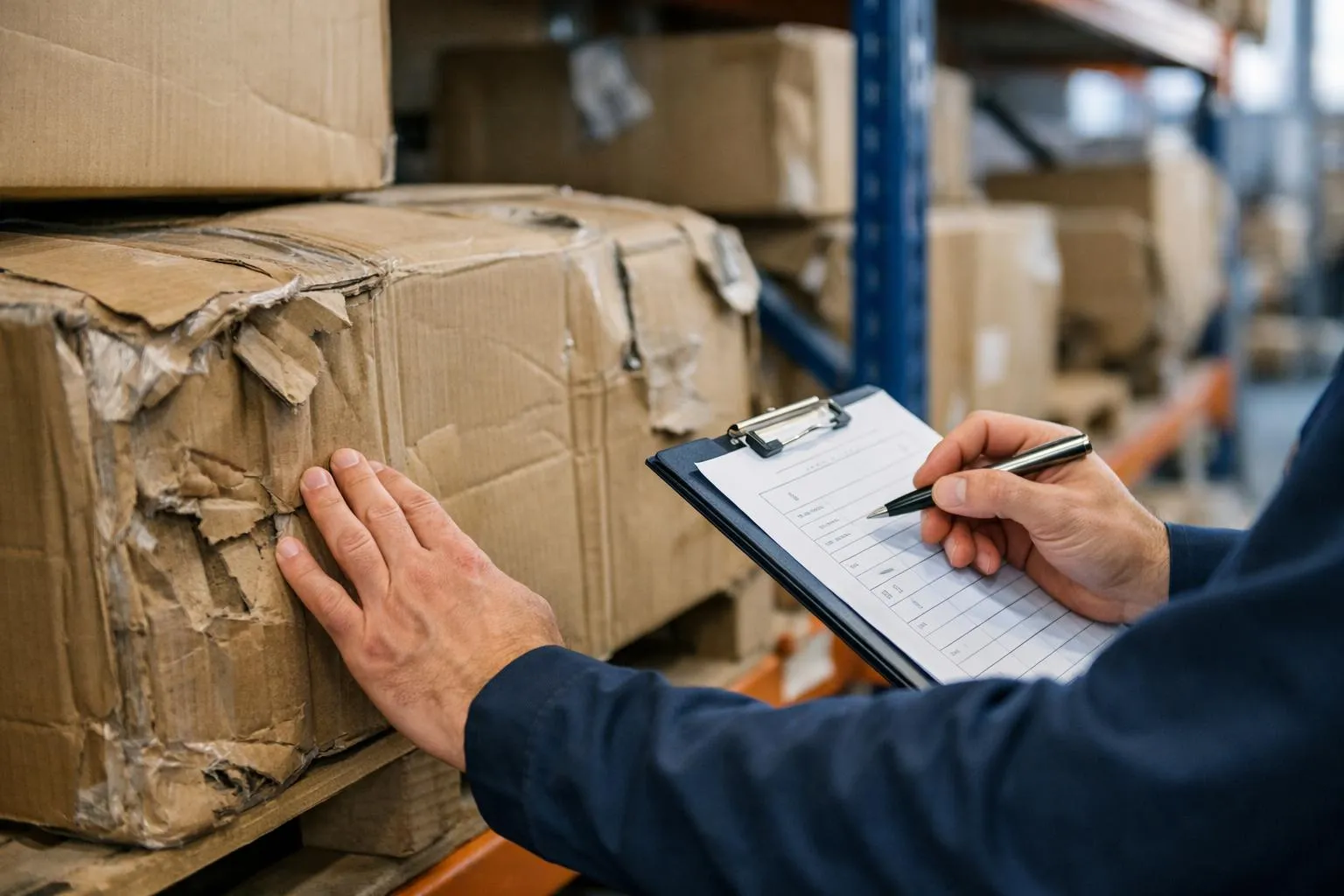 Cartons empilés dans un entrepôt, un employé vérifie le contenu.