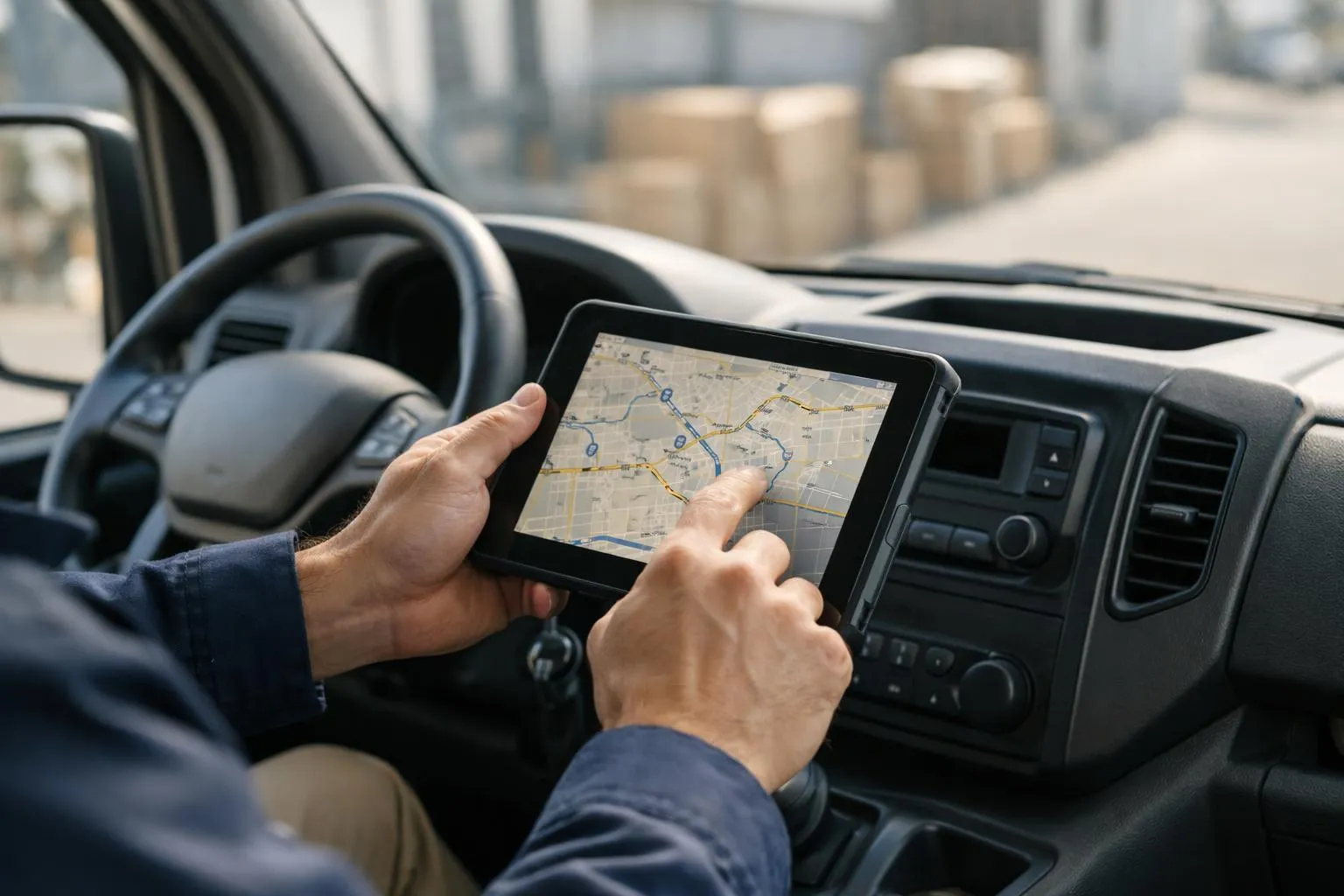 Conducteur utilisant un GPS sur une tablette dans un véhicule.