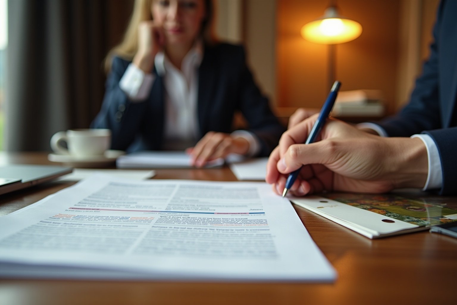 Deux personnes en discussion, documents et stylo sur la table.