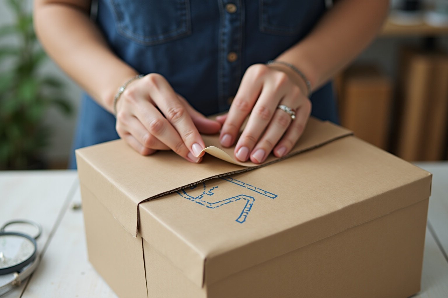 Mains d'une personne scellant une boîte en carton avec un ruban adhésif.