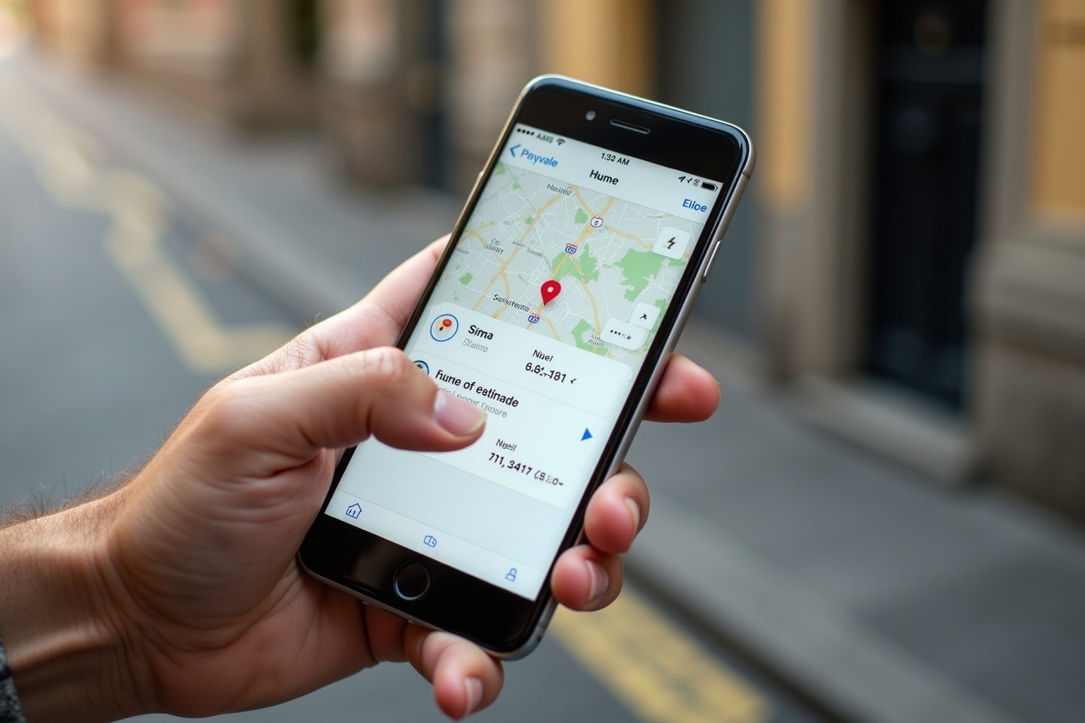 Smartphone affichant une application de géolocalisation avec une carte et des informations de localisation.