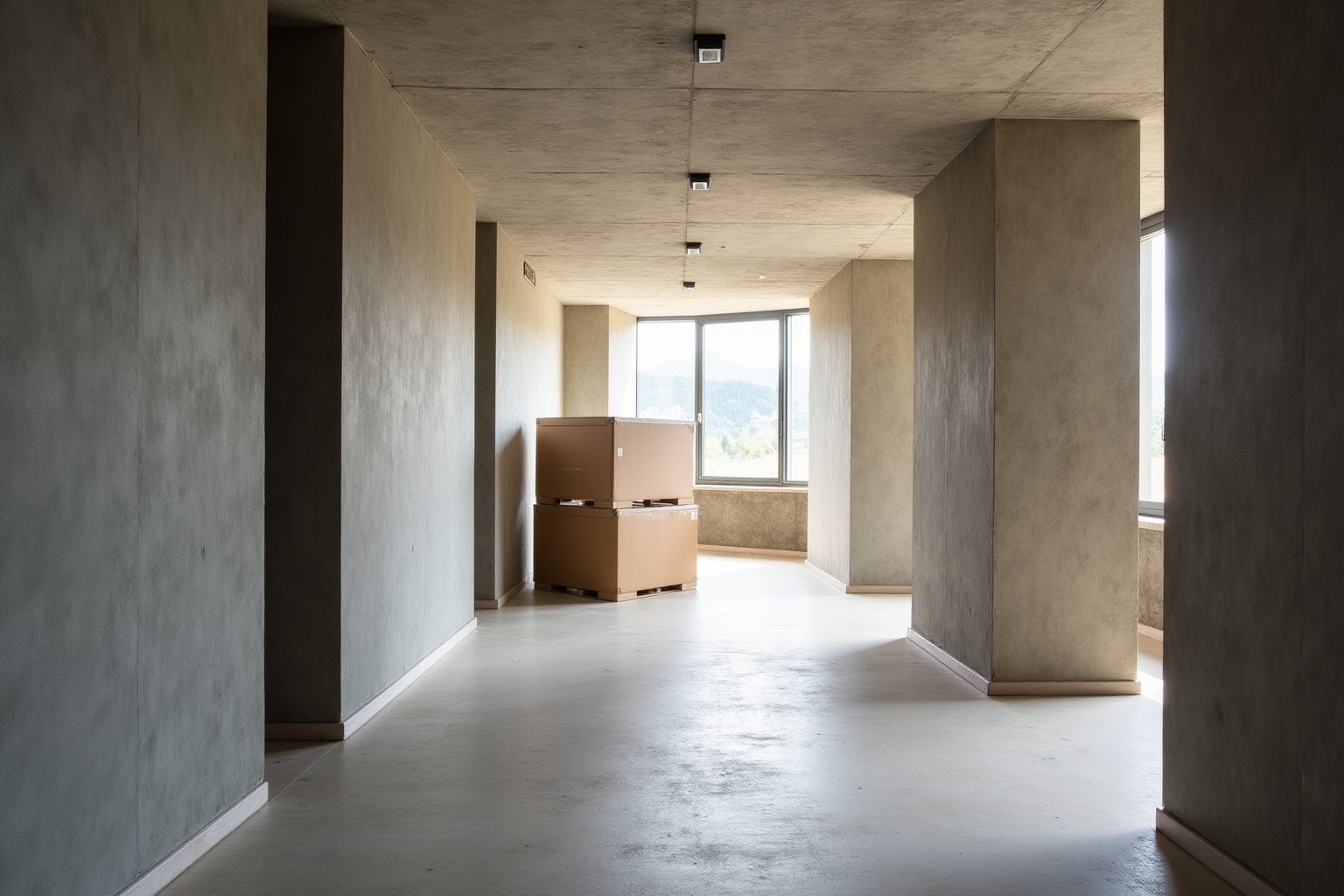 Couloir vide avec murs en béton et boîtes en carton.