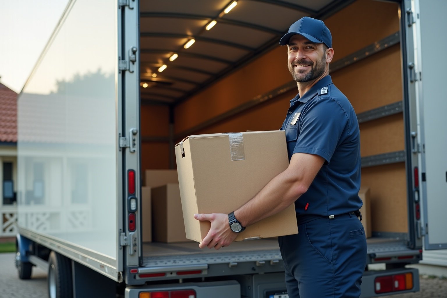 Livreur souriant transportant une boîte dans un camion de livraison.