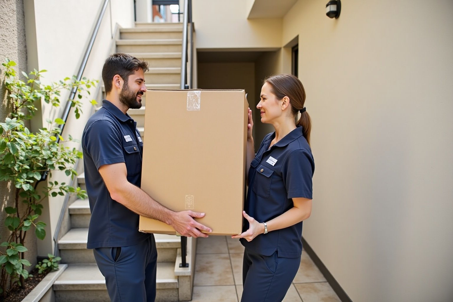 Deux déménageurs en uniforme transportant une boîte dans un escalier.